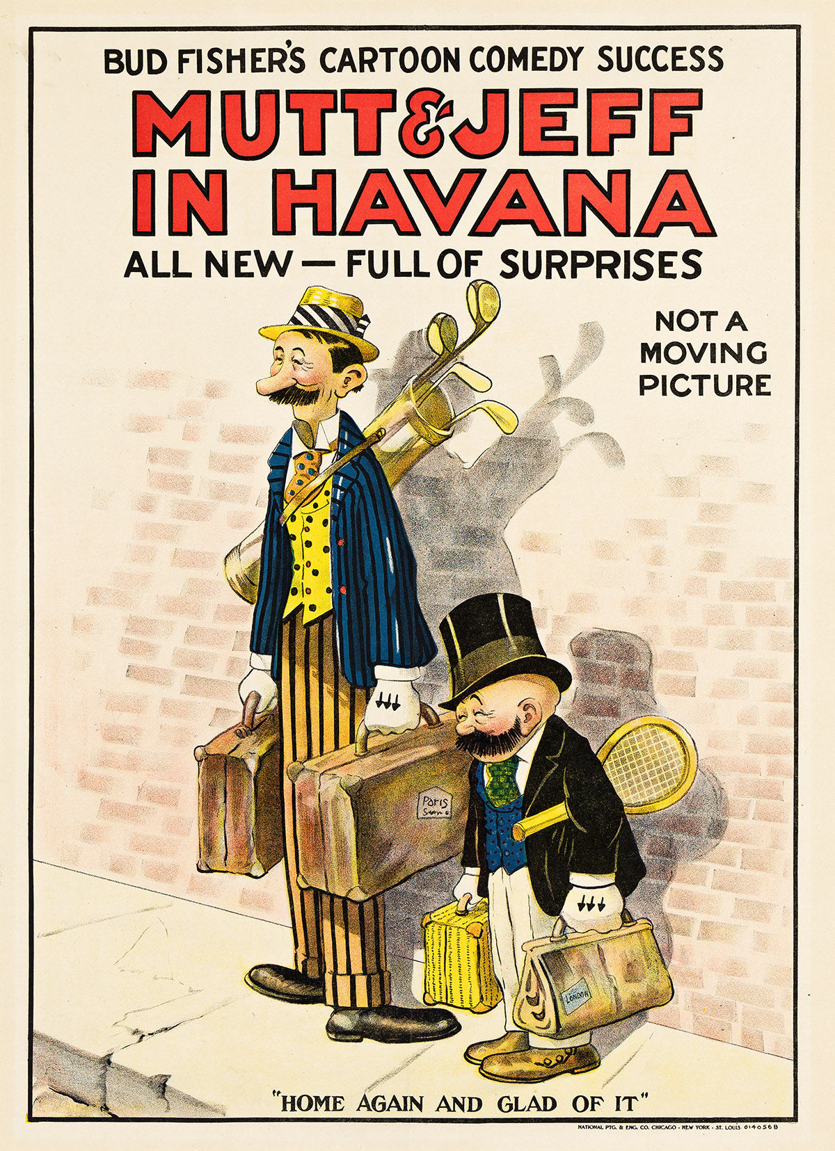 DESIGNER UNKNOWN. MUTT & JEFF IN HAVANA / HOME AGAIN AND GLAD OF IT. Circa 1910s. 27¾x20 inches, 70½x50¾ cm. National Ptg. & Eng. Co.